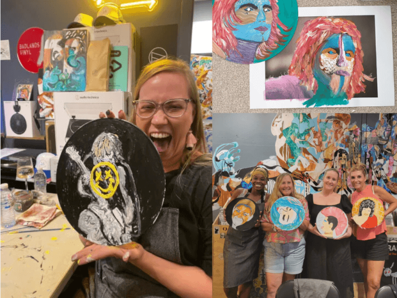 Photos of guests at Badlands Vinyl paint and sip class